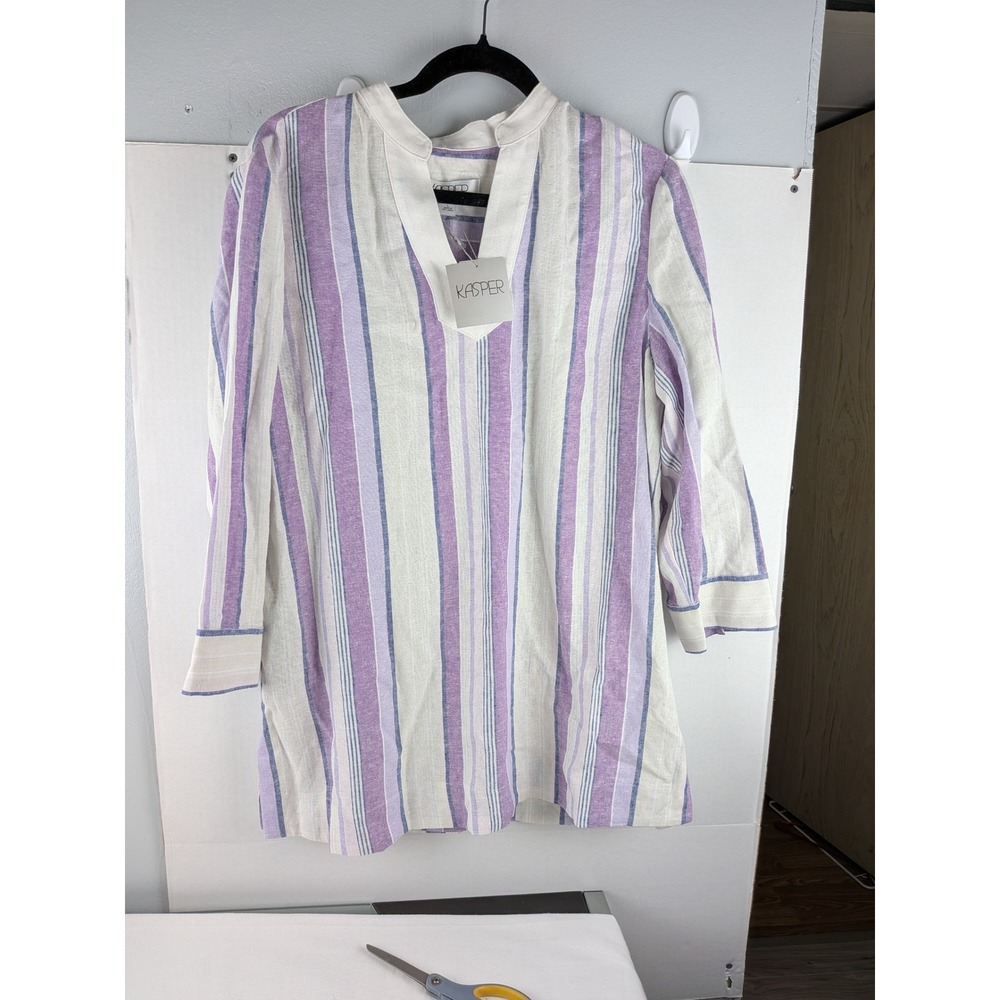 Kasper‎ Women's Striped Tunic Top 3/4 Sleeve V Neck Casual Shirt